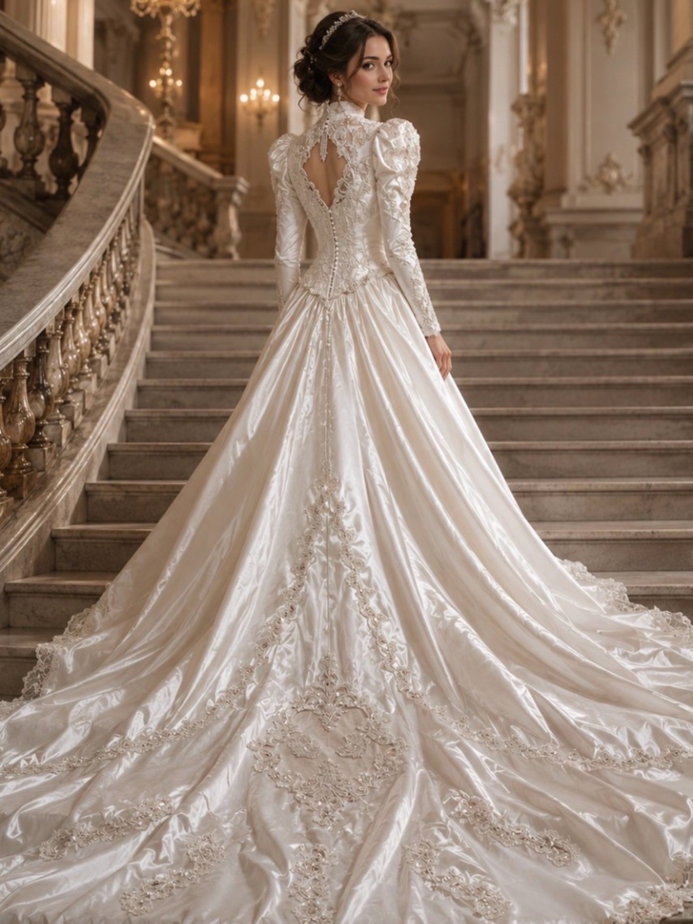 Elegant Ivory Satin Long-Sleeve Bridal Gown with Dramatic Detachable Train